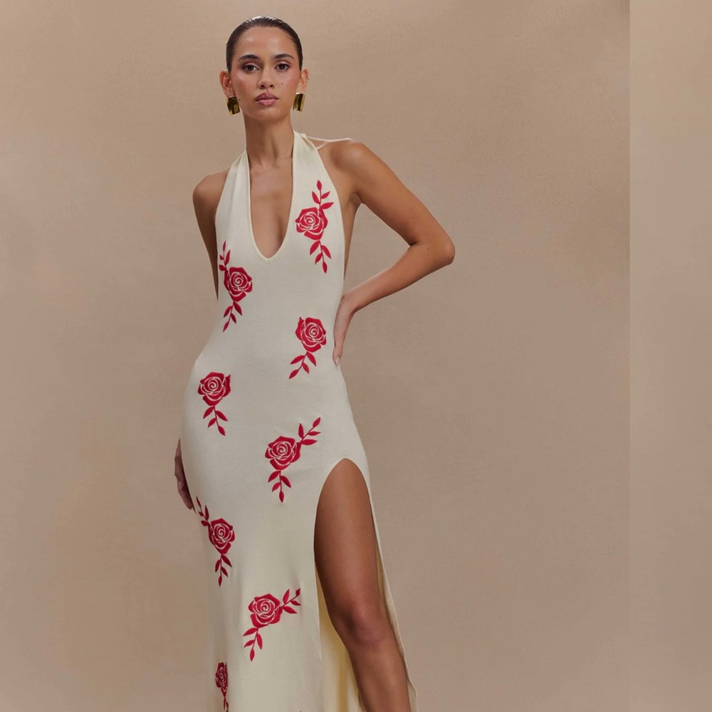Meshki Cream Halter Gown with Slit